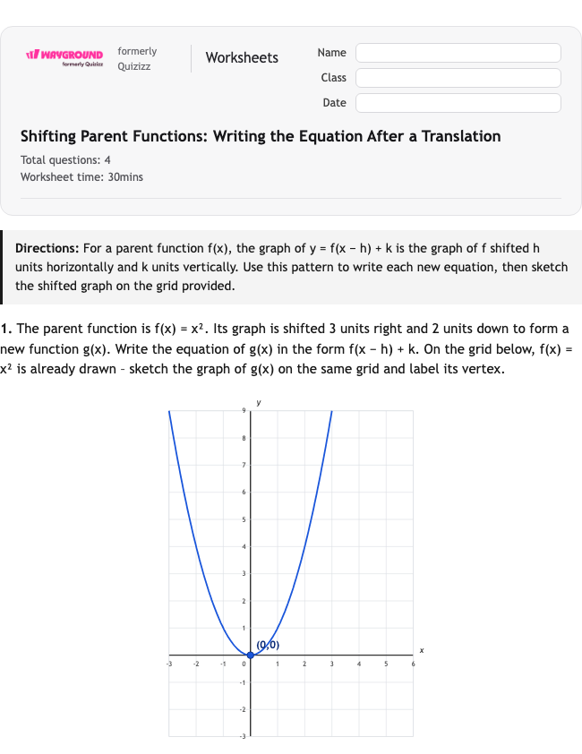 Shifting Parent Functions: Writing the Equation After a Translation - Nadający się do druku Tłumaczenia Karty-pracy Klasa 12 - Wayground