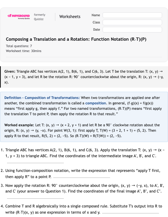 Composing a Translation and a Rotation: Function Notation (R∘T)(P) - Nadający się do druku Tłumaczenia Karty-pracy Klasa 12 - Wayground