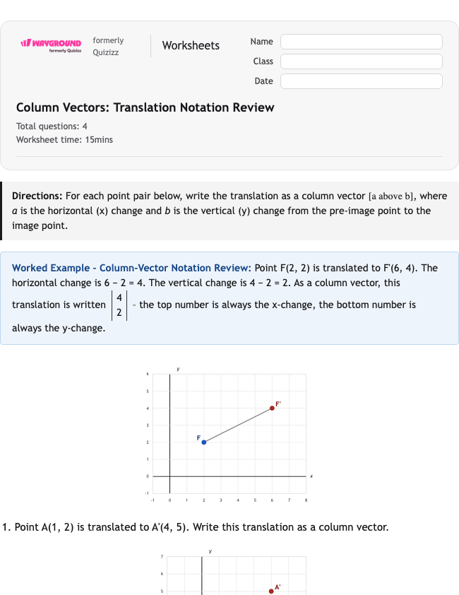 Column Vectors: Translation Notation Review - Nadający się do druku Tłumaczenia Karty-pracy Klasa 12 - Wayground