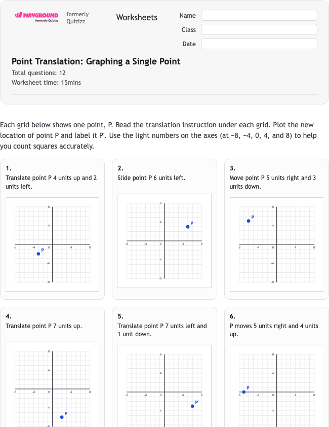 Point Translation: Graphing a Single Point - Nadający się do druku Tłumaczenia Karty-pracy Klasa 6 - Wayground