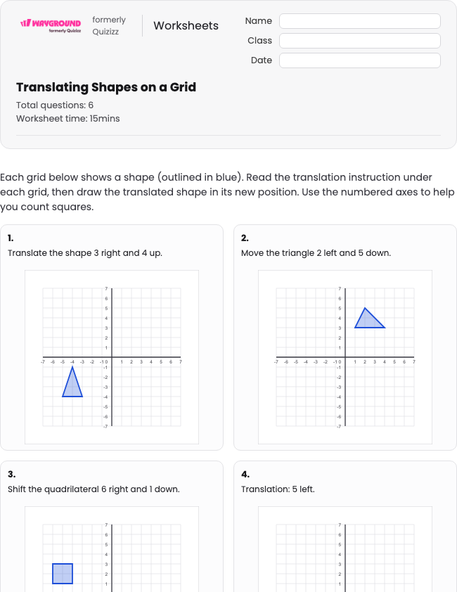 Translating Shapes on a Grid - Nadający się do druku Tłumaczenia Karty-pracy Klasa 6 - Wayground