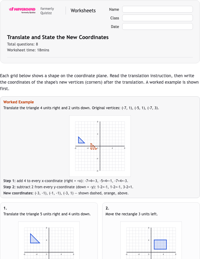 Translate and State the New Coordinates - Nadający się do druku Tłumaczenia Karty-pracy Klasa 6 - Wayground