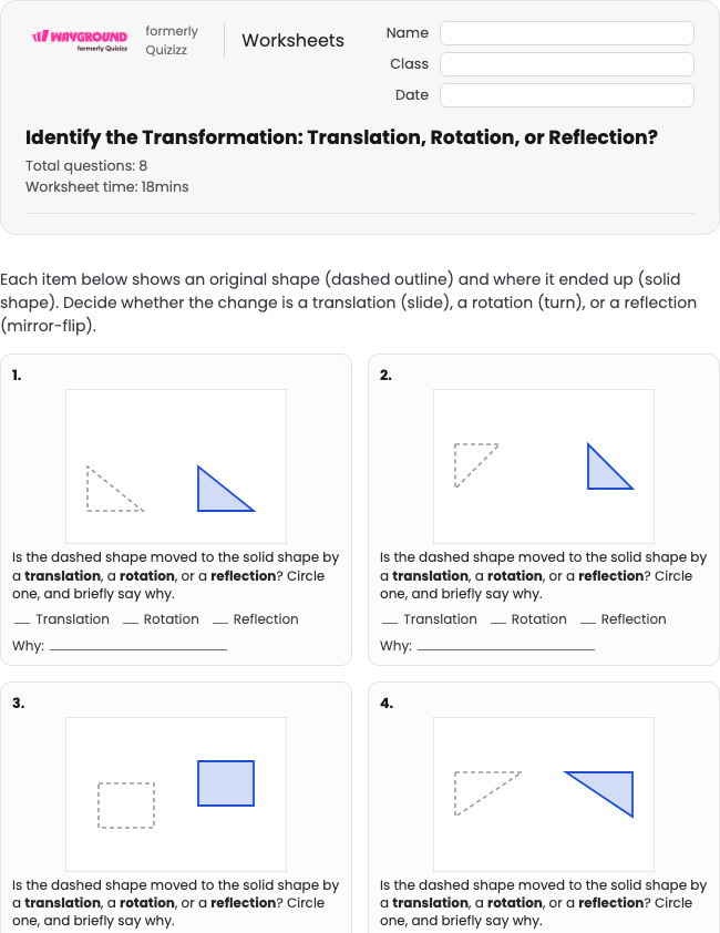 Identify the Transformation: Translation, Rotation, or Reflection? - Nadający się do druku Tłumaczenia Karty-pracy Klasa 6 - Wayground