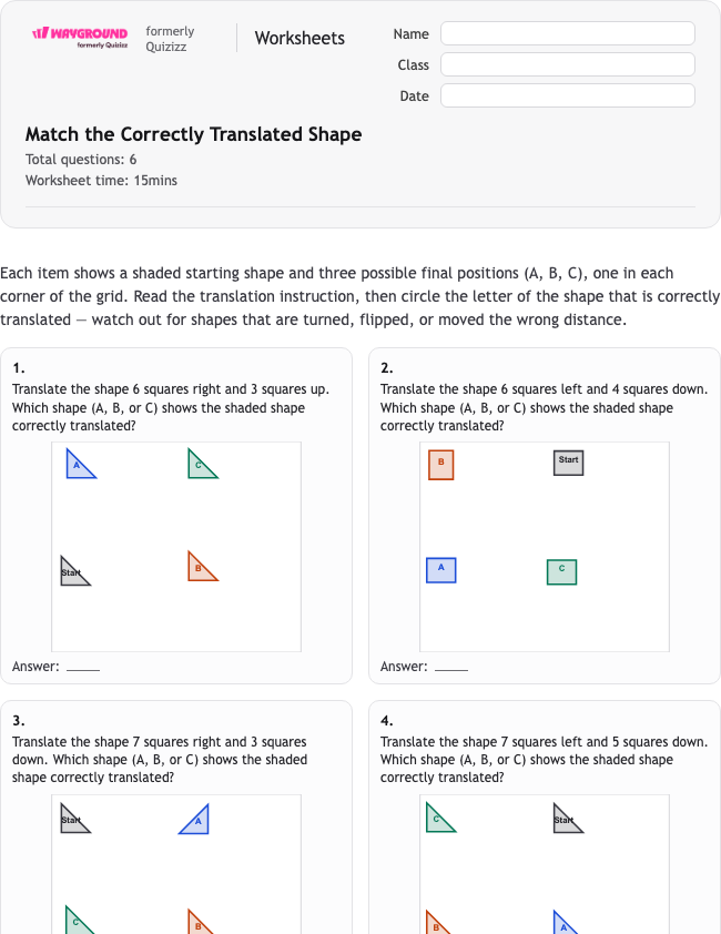 Match the Correctly Translated Shape - Nadający się do druku Tłumaczenia Karty-pracy Klasa 6 - Wayground
