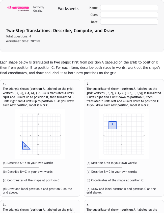Two-Step Translations: Describe, Compute, and Draw - Nadający się do druku Tłumaczenia Karty-pracy Klasa 6 - Wayground