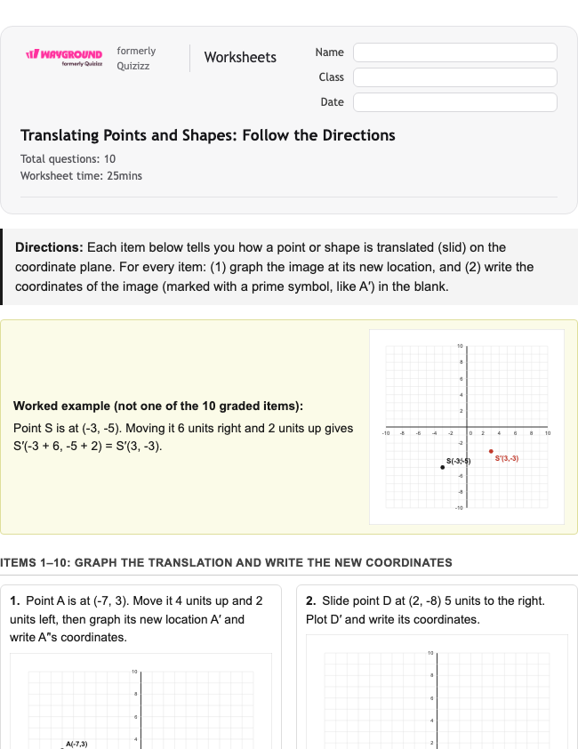 Translating Points and Shapes: Follow the Directions - Nadający się do druku Tłumaczenia Karty-pracy Klasa 7 - Wayground