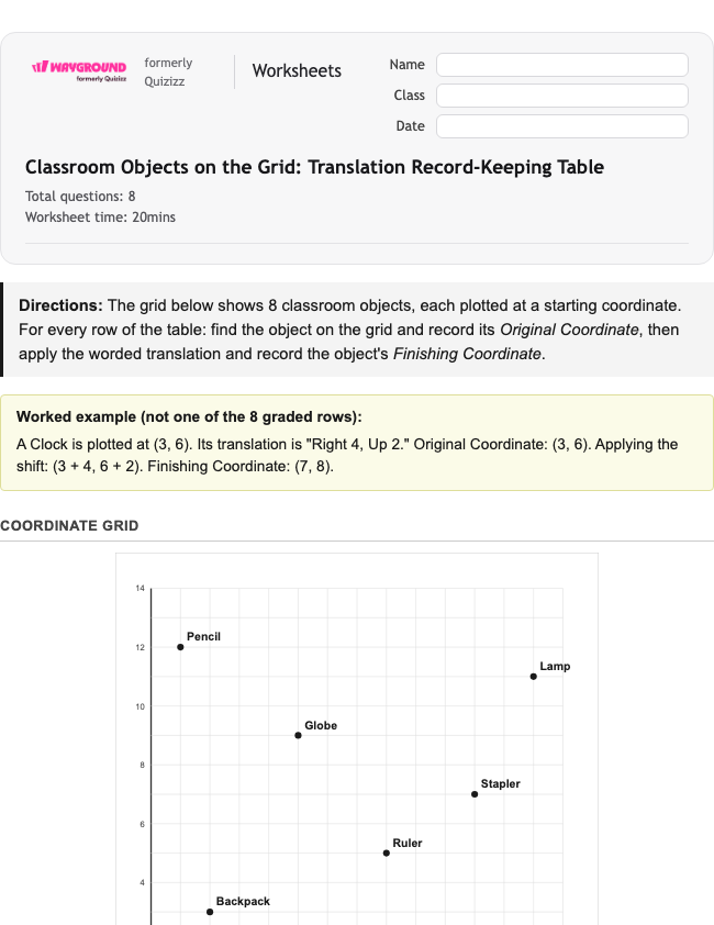 Classroom Objects on the Grid: Translation Record-Keeping Table - Nadający się do druku Tłumaczenia Karty-pracy Klasa 7 - Wayground