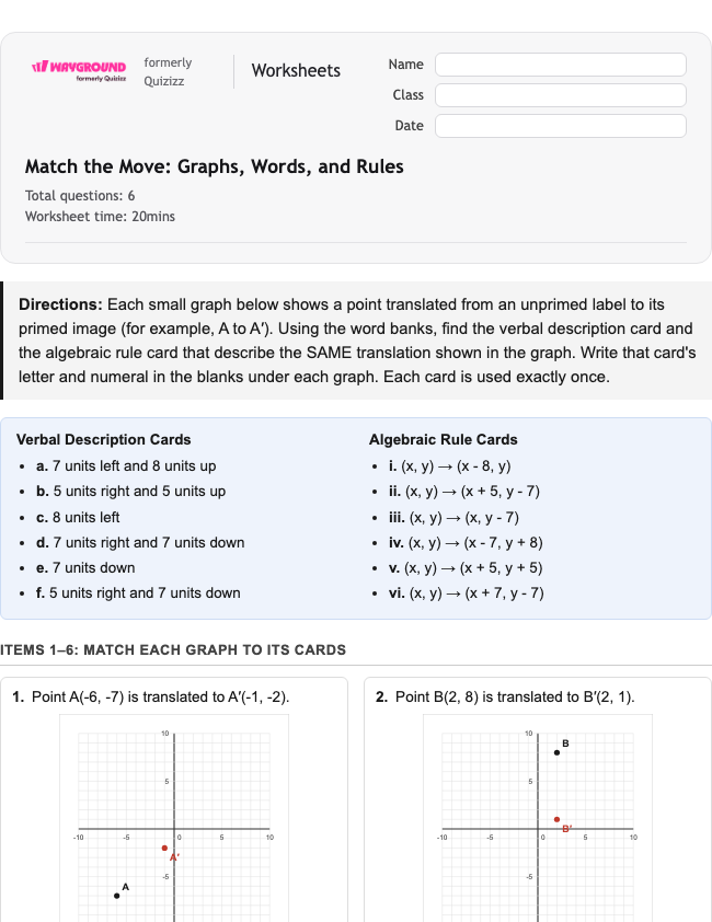 Match the Move: Graphs, Words, and Rules - Nadający się do druku Tłumaczenia Karty-pracy Klasa 7 - Wayground