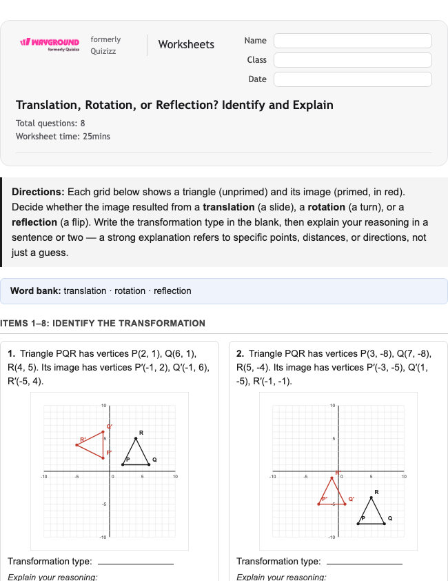 Translation, Rotation, or Reflection? Identify and Explain - Nadający się do druku Tłumaczenia Karty-pracy Klasa 7 - Wayground