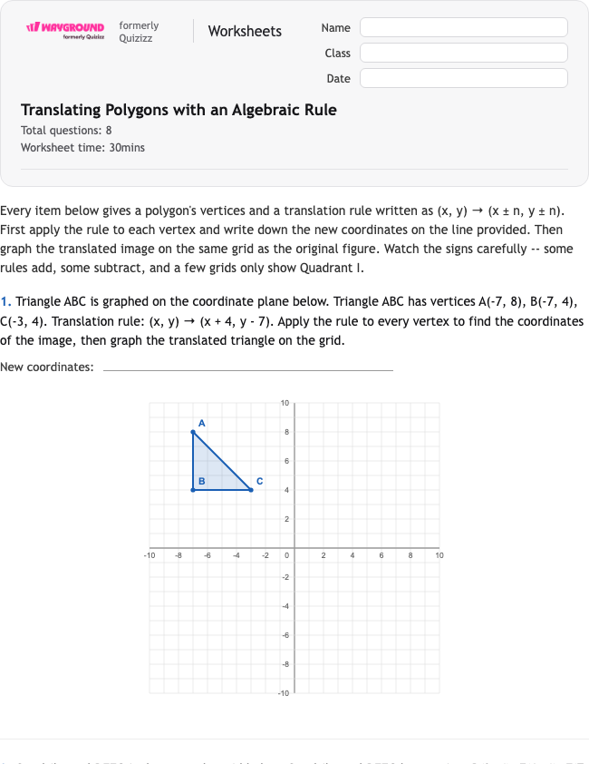 Translating Polygons with an Algebraic Rule - Nadający się do druku Tłumaczenia Karty-pracy Klasa 7 - Wayground