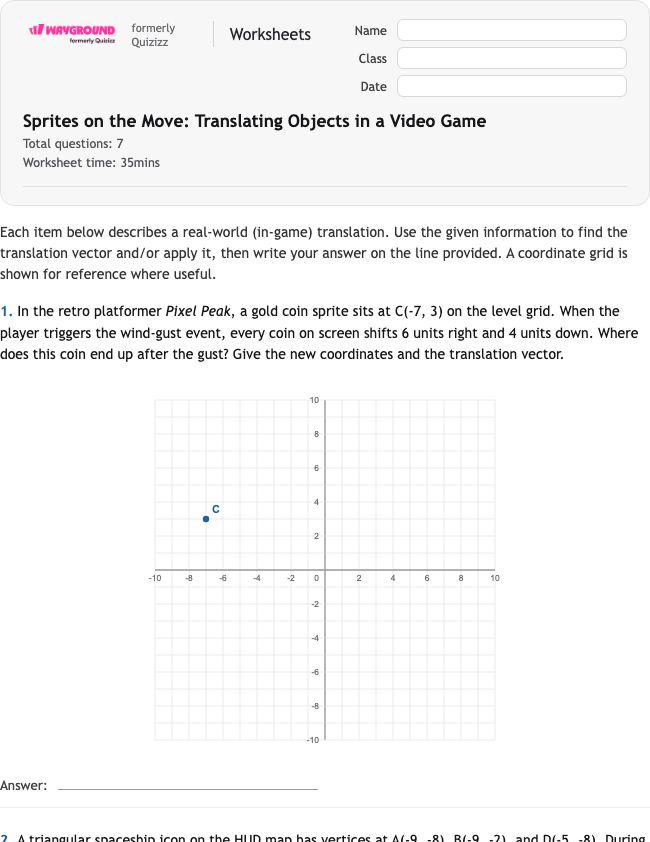 Sprites on the Move: Translating Objects in a Video Game - Nadający się do druku Tłumaczenia Karty-pracy Klasa 7 - Wayground
