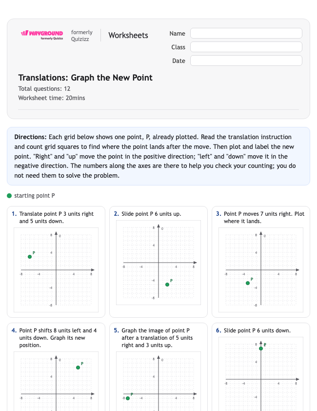 Translations: Graph the New Point - Nadający się do druku Tłumaczenia Karty-pracy Klasa 8 - Wayground
