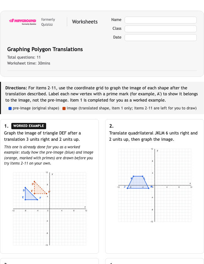 Graphing Polygon Translations - Nadający się do druku Tłumaczenia Karty-pracy Klasa 8 - Wayground