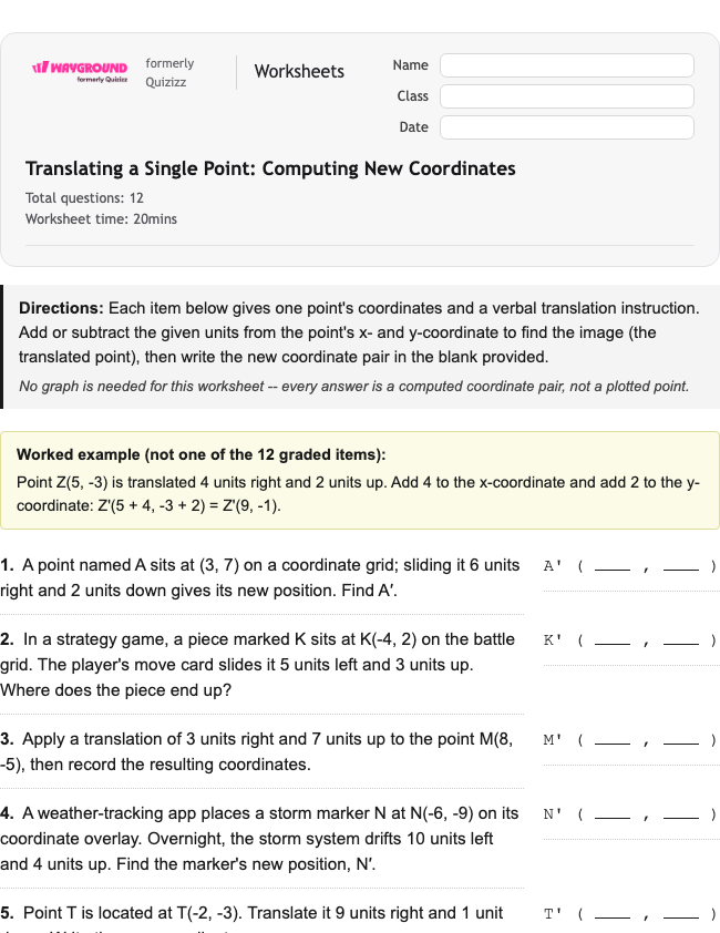 Translating a Single Point: Computing New Coordinates - Nadający się do druku Tłumaczenia Karty-pracy Klasa 8 - Wayground