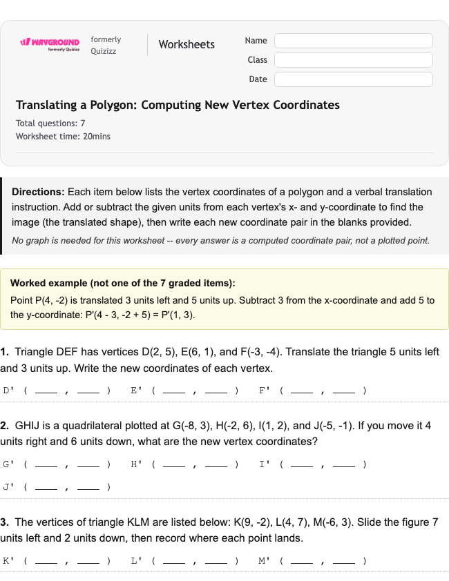 Translating a Polygon: Computing New Vertex Coordinates - Nadający się do druku Tłumaczenia Karty-pracy Klasa 8 - Wayground