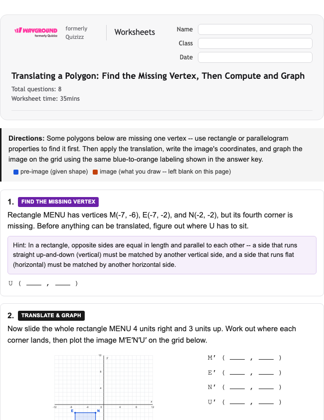 Translating a Polygon: Find the Missing Vertex, Then Compute and Graph - Nadający się do druku Tłumaczenia Karty-pracy Klasa 8 - Wayground