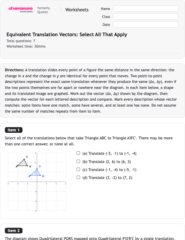 Equivalent Translation Vectors: Select All That Apply - Nadający się do druku Tłumaczenia Karty-pracy Klasa 8 - Wayground
