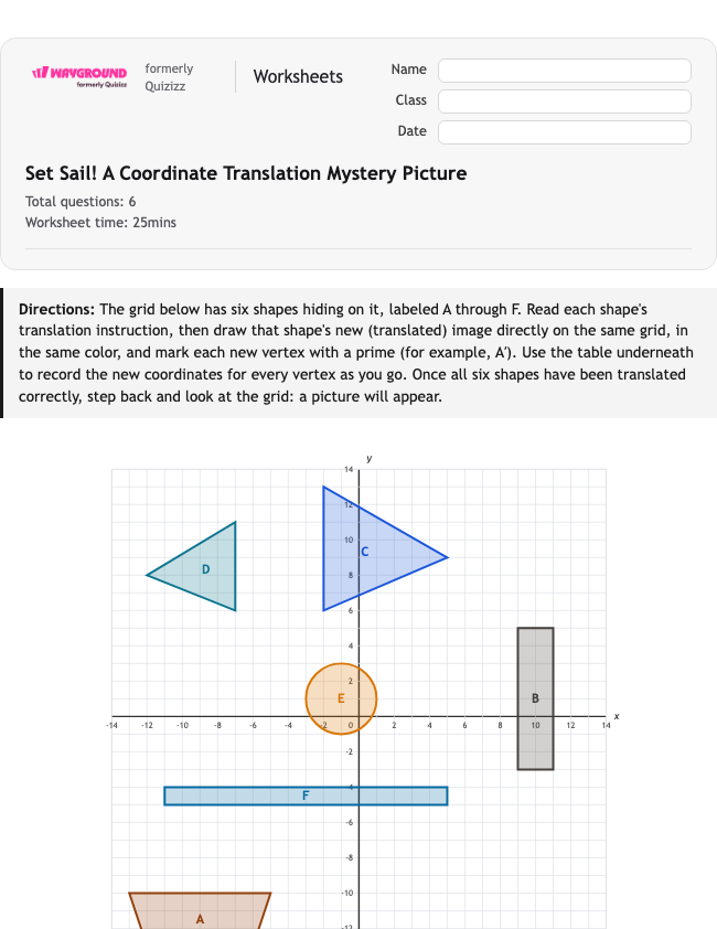 Set Sail! A Coordinate Translation Mystery Picture - Nadający się do druku Tłumaczenia Karty-pracy Klasa 8 - Wayground
