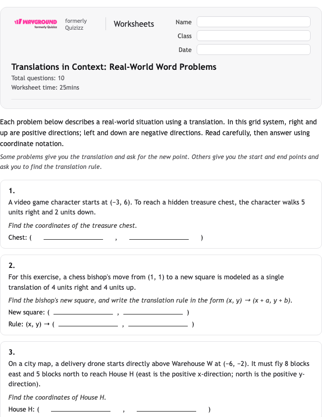 Translations in Context: Real-World Word Problems - Nadający się do druku Tłumaczenia Karty-pracy Klasa 8 - Wayground