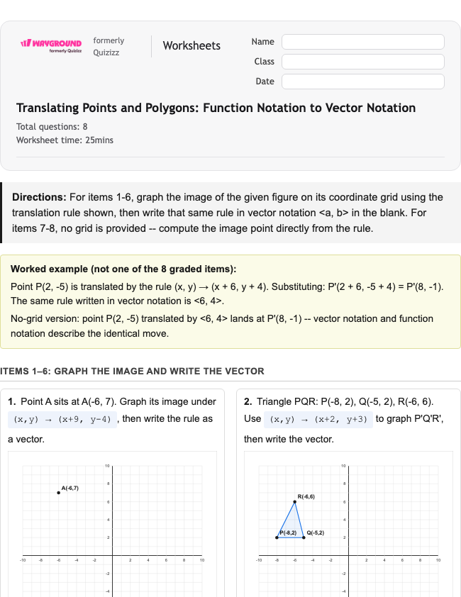 Translating Points and Polygons: Function Notation to Vector Notation - Dapat dicetak Translations Worksheets Year 9 - Wayground