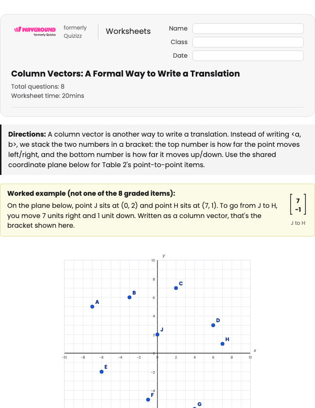 Column Vectors: A Formal Way to Write a Translation - Dapat dicetak Translations Worksheets Year 9 - Wayground