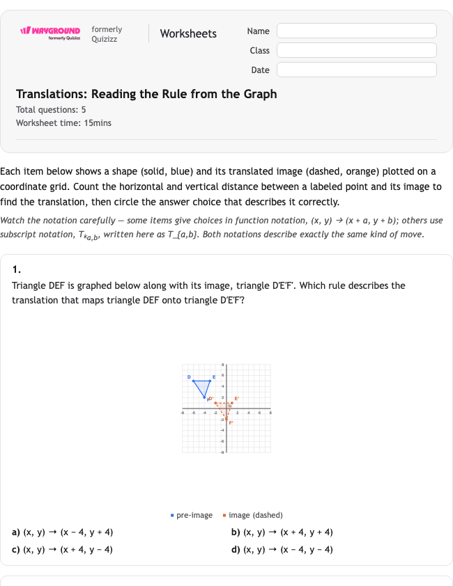 Translations: Reading the Rule from the Graph - Dapat dicetak Translations Worksheets Year 9 - Wayground