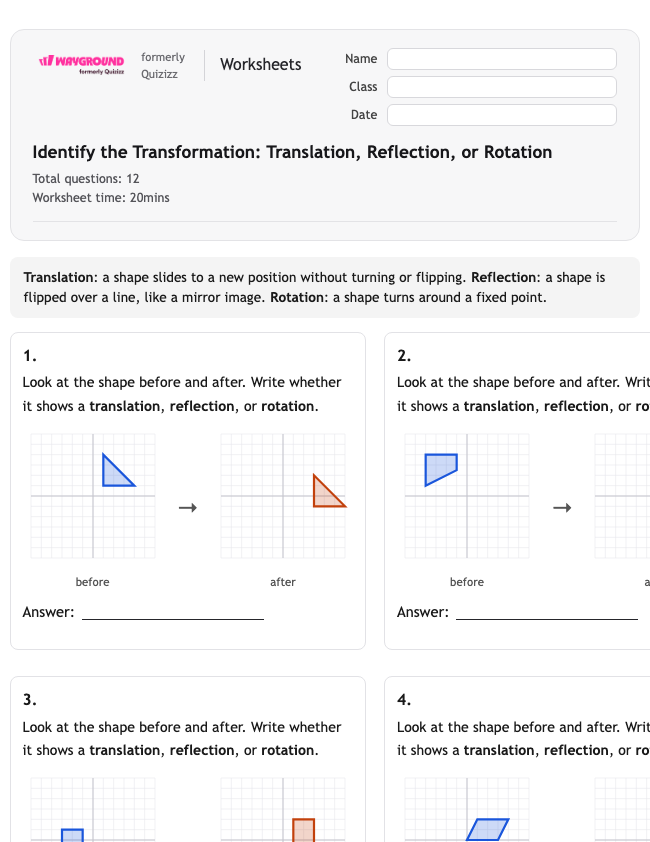 Identify the Transformation: Translation, Reflection, or Rotation - Nadający się do druku Tłumaczenia Karty-pracy - Wayground
