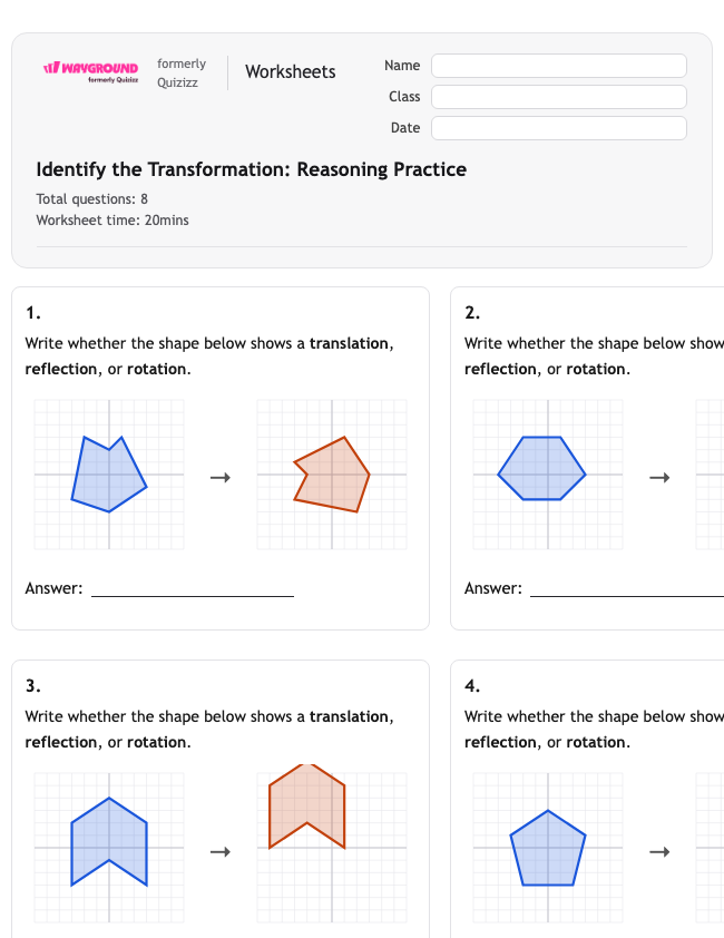 Identify the Transformation: Reasoning Practice - Nadający się do druku Tłumaczenia Karty-pracy - Wayground