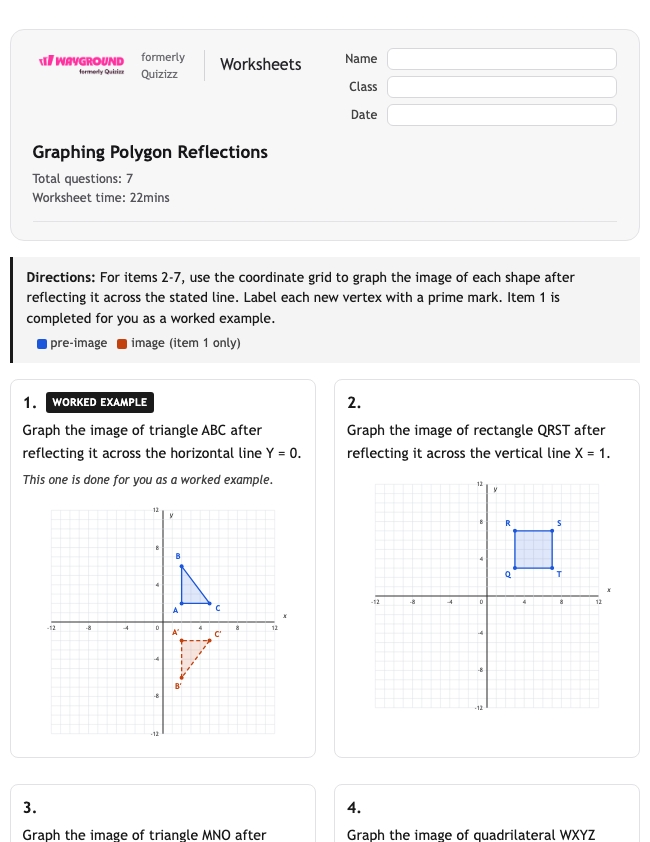 Graphing Polygon Reflections - Nadający się do druku Tłumaczenia Karty-pracy - Wayground
