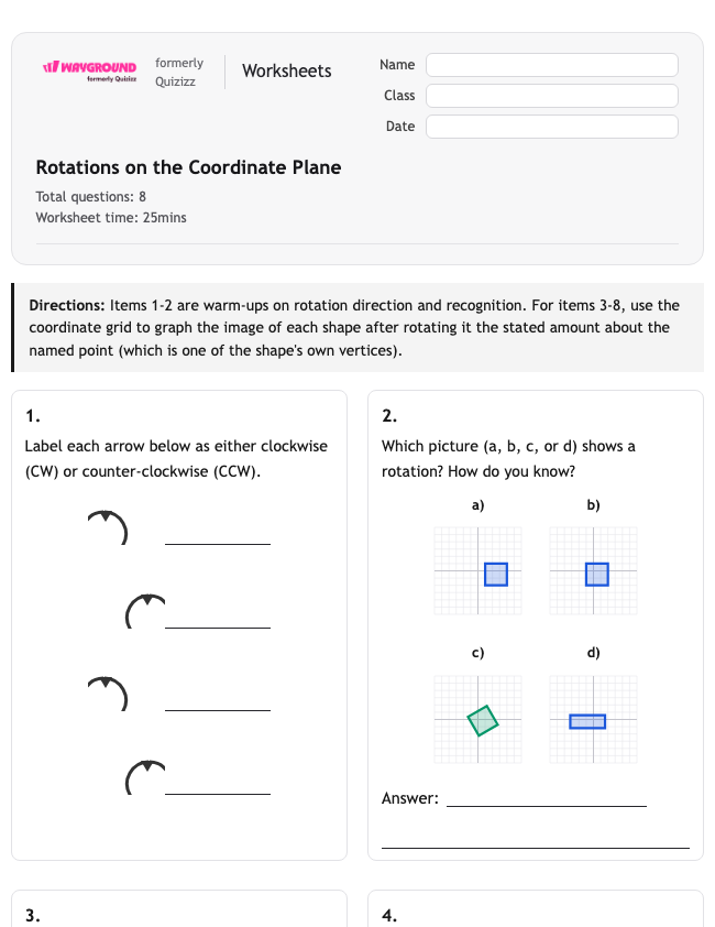 Rotations on the Coordinate Plane - Nadający się do druku Tłumaczenia Karty-pracy - Wayground