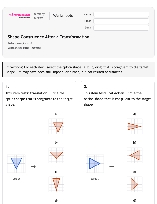Shape Congruence After a Transformation - Nadający się do druku Tłumaczenia Karty-pracy - Wayground