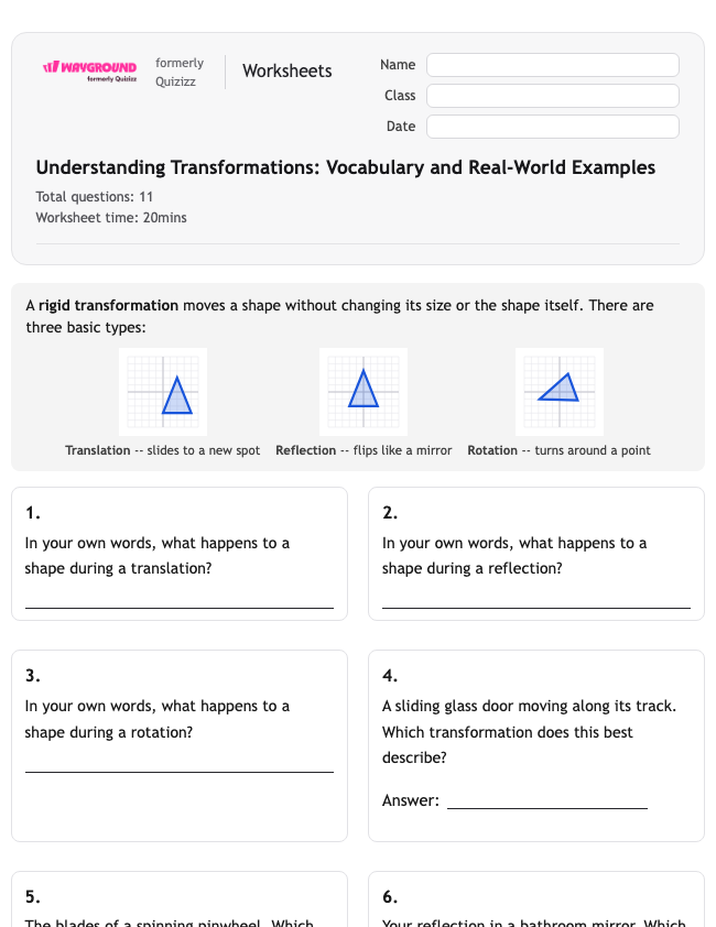 Understanding Transformations: Vocabulary and Real-World Examples - Nadający się do druku Tłumaczenia Karty-pracy - Wayground