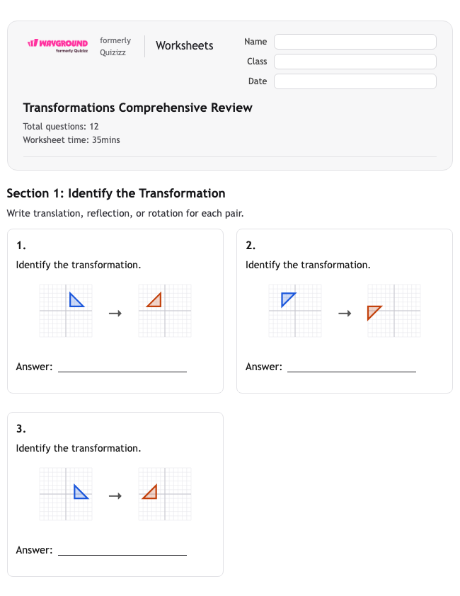 Transformations Comprehensive Review - Nadający się do druku Tłumaczenia Karty-pracy - Wayground
