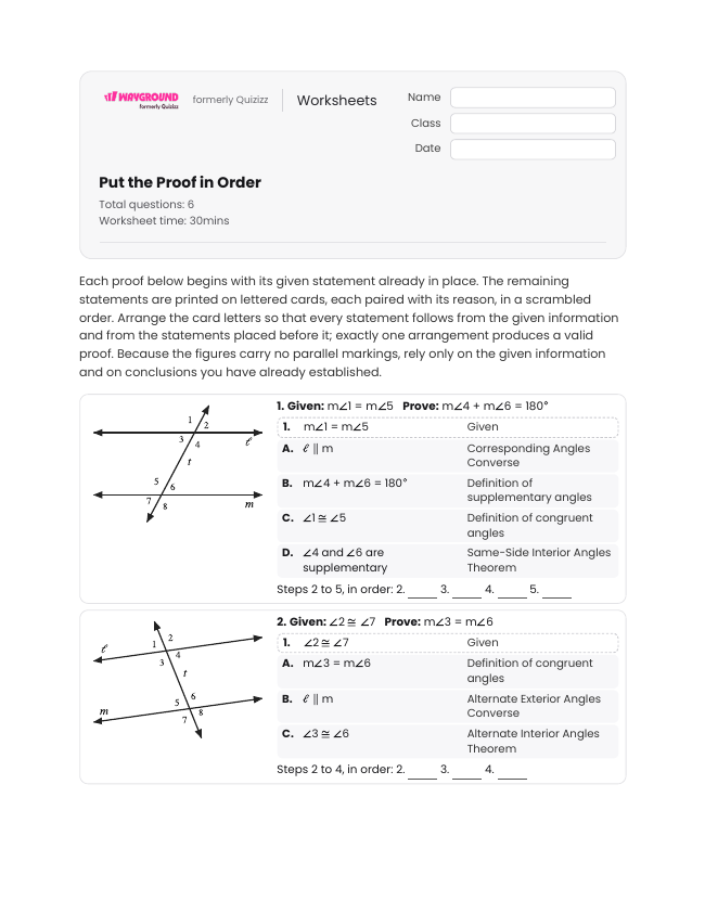 Put the Proof in Order - Printable Transversal-of-parallel-lines Worksheets Year 10 - Wayground