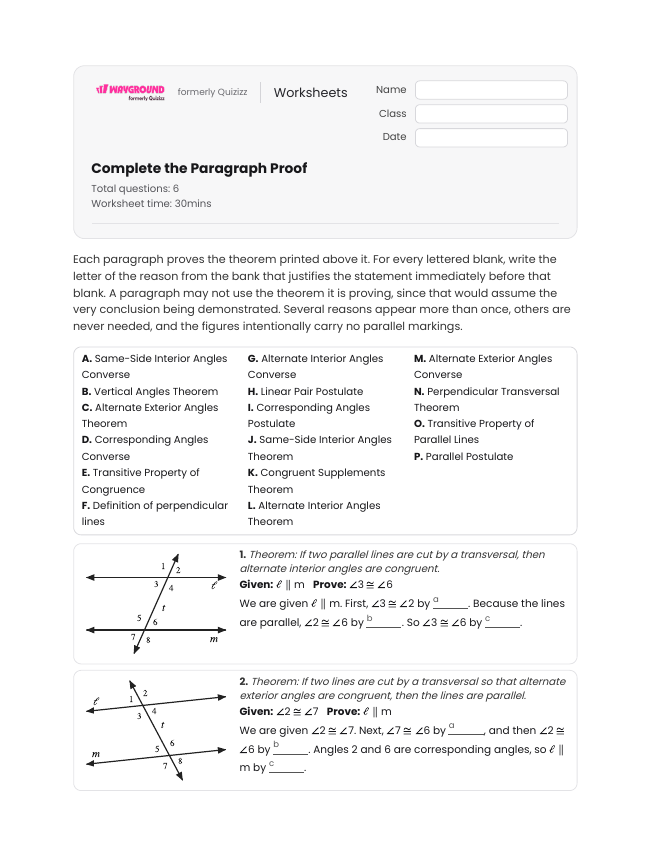 Complete the Paragraph Proof - Printable Transversal-of-parallel-lines Worksheets Year 10 - Wayground