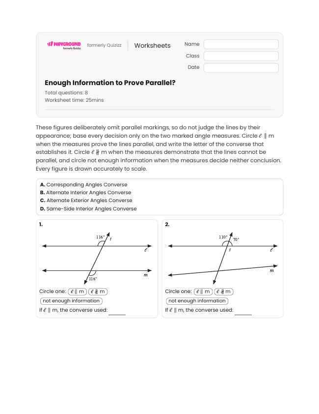 Enough Information to Prove Parallel? - Printable Transversal-of-parallel-lines Worksheets Year 10 - Wayground