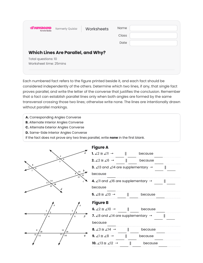 Which Lines Are Parallel, and Why? - Printable Transversal-of-parallel-lines Worksheets Year 10 - Wayground