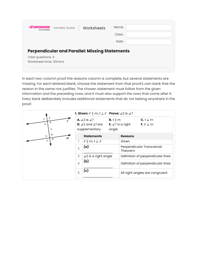 Perpendicular and Parallel: Missing Statements - Printable Transversal-of-parallel-lines Worksheets Year 10 - Wayground