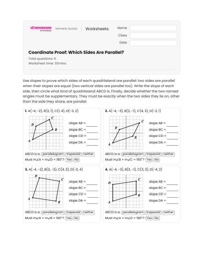 Coordinate Proof: Which Sides Are Parallel? - Printable Transversal-of-parallel-lines Worksheets Year 10 - Wayground