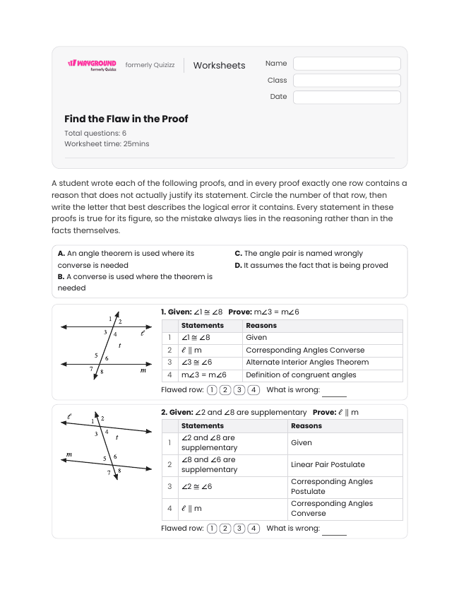 Find the Flaw in the Proof - Printable Transversal-of-parallel-lines Worksheets Year 10 - Wayground