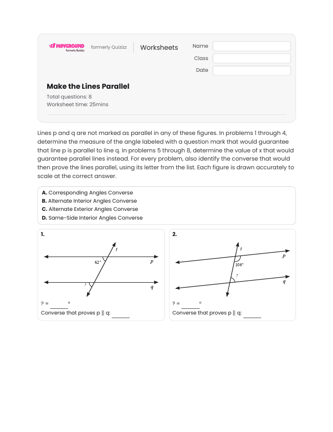 Make the Lines Parallel - Printable Transversal-of-parallel-lines Worksheets Year 10 - Wayground