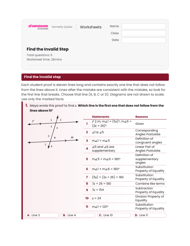 Find the Invalid Step - Imprimible Transversal-de-líneas-paralelas Hojas-de-trabajo Grado 11 - Wayground