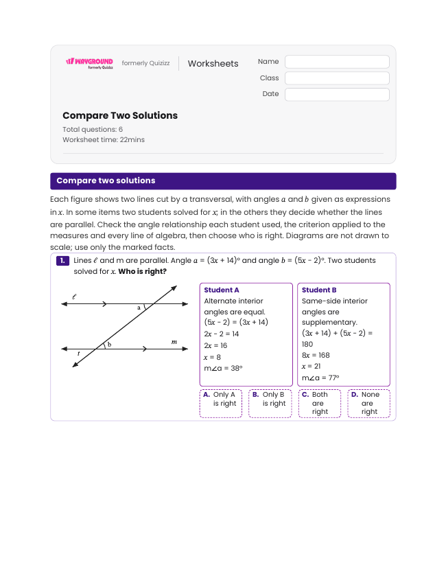 Compare Two Solutions - Imprimible Transversal-de-líneas-paralelas Hojas-de-trabajo Grado 11 - Wayground