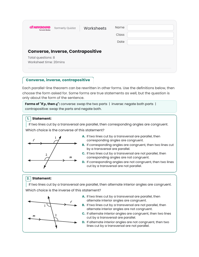 Converse, Inverse, Contrapositive - Imprimible Transversal-de-líneas-paralelas Hojas-de-trabajo Grado 11 - Wayground