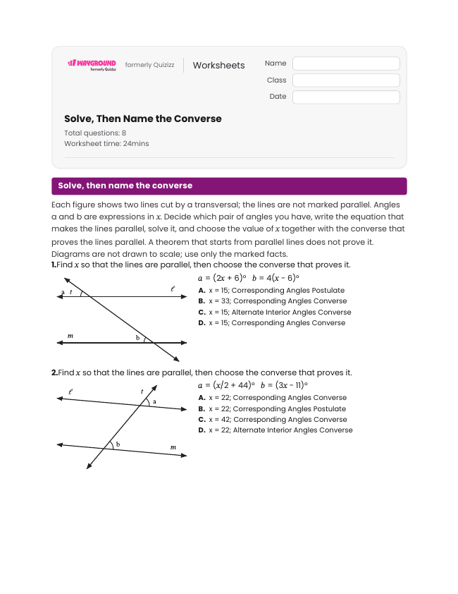 Solve, Then Name the Converse - Imprimible Transversal-de-líneas-paralelas Hojas-de-trabajo Grado 11 - Wayground