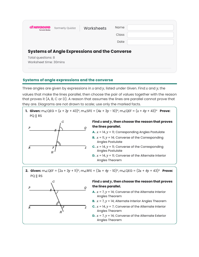 Systems of Angle Expressions and the Converse - Imprimible Transversal-de-líneas-paralelas Hojas-de-trabajo Grado 12 - Wayground