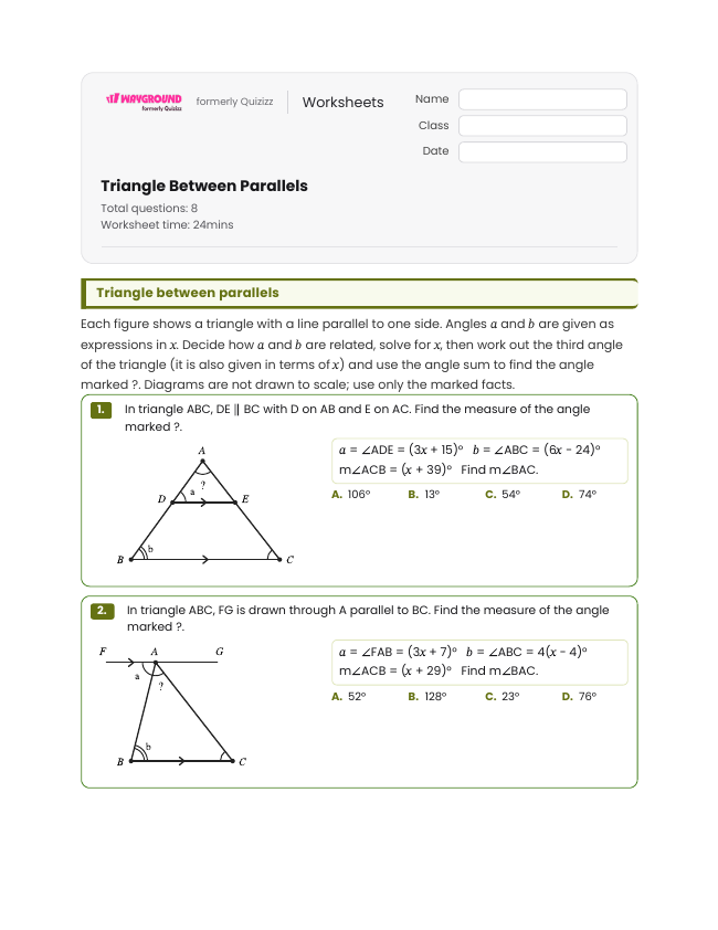 Triangle Between Parallels - Imprimible Transversal-de-líneas-paralelas Hojas-de-trabajo Grado 12 - Wayground