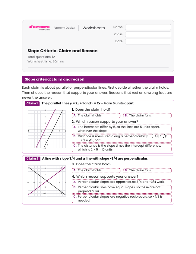 Slope Criteria: Claim and Reason - Imprimible Transversal-de-líneas-paralelas Hojas-de-trabajo Grado 12 - Wayground