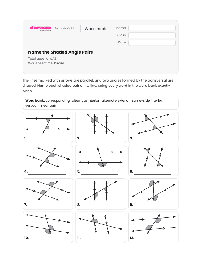 Name the Shaded Angle Pairs - Printable Transversal-of-parallel-lines Worksheets Class 7 - Wayground