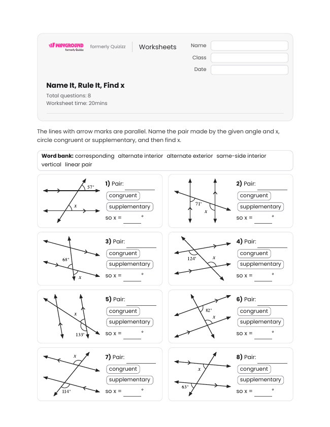 Name It, Rule It, Find x - Printable Transversal-of-parallel-lines Worksheets Class 7 - Wayground